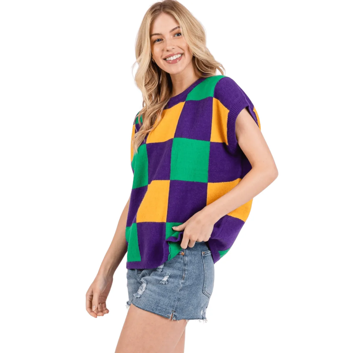 Mardi Gras Checkered Sweater Vest