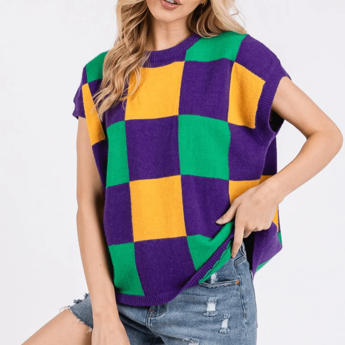 Mardi Gras Checkered Sweater Vest