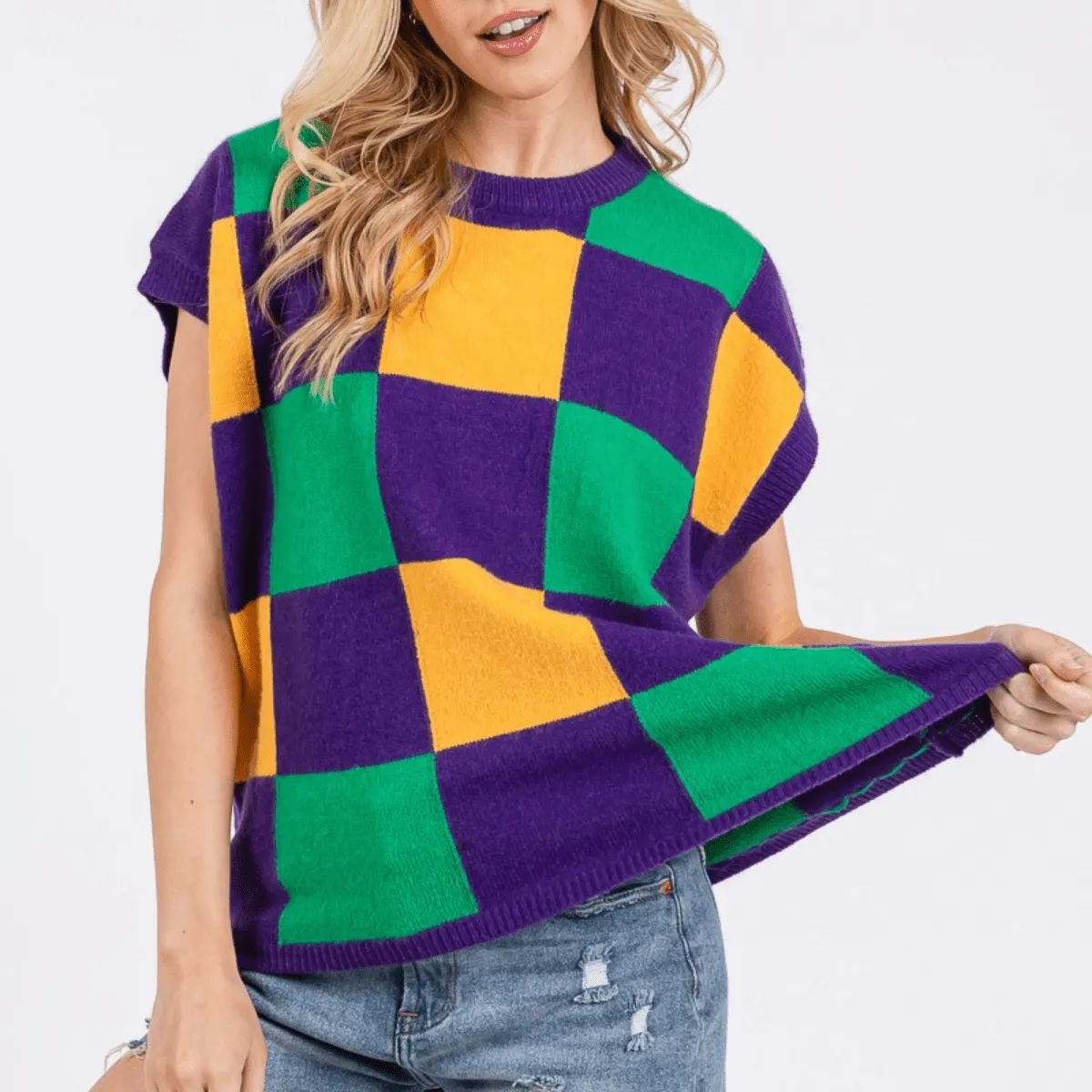 Mardi Gras Checkered Sweater Vest