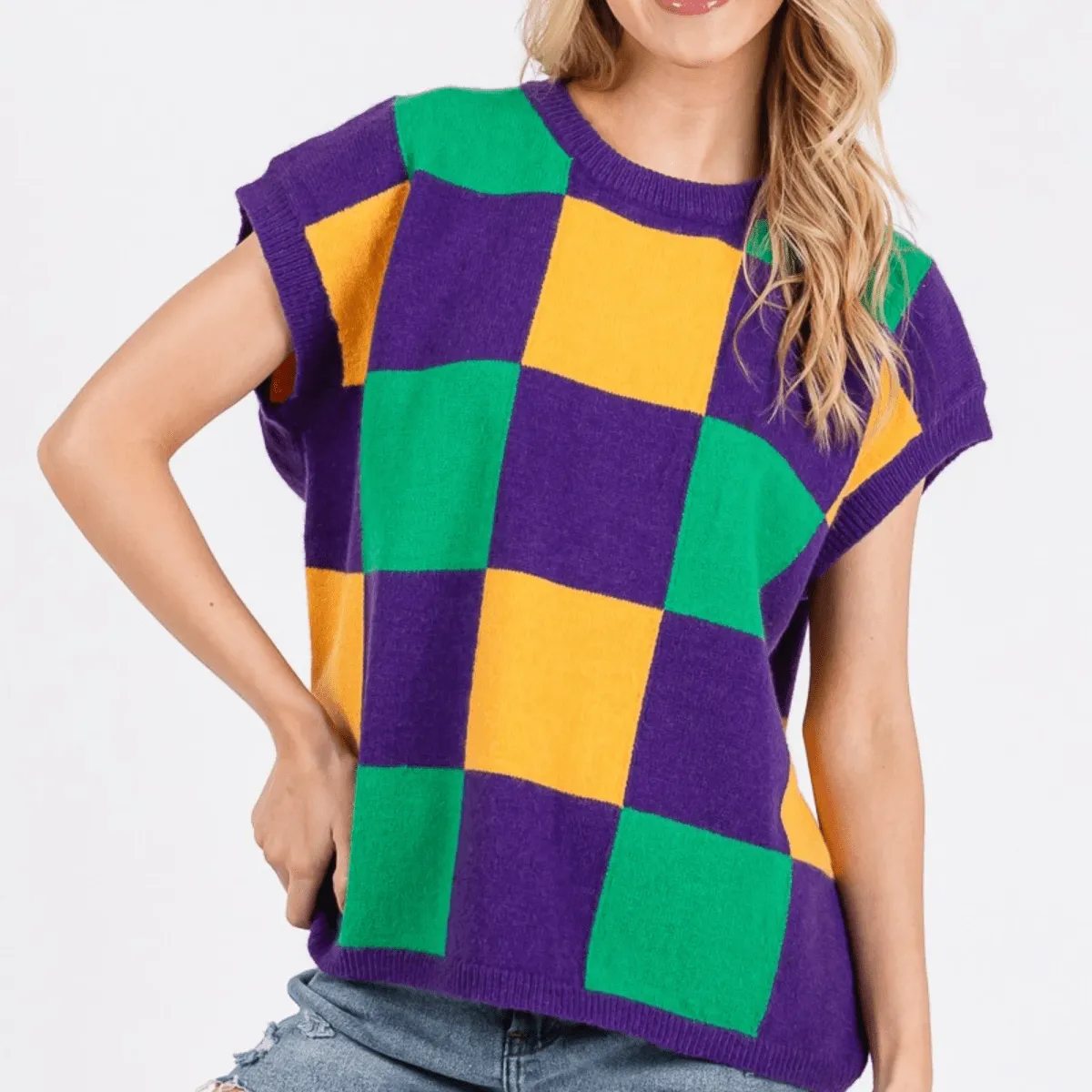 Mardi Gras Checkered Sweater Vest