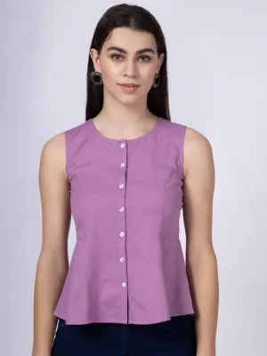 Mauve Cotton Flax Panelled A-Line Top with Button-Down Placket