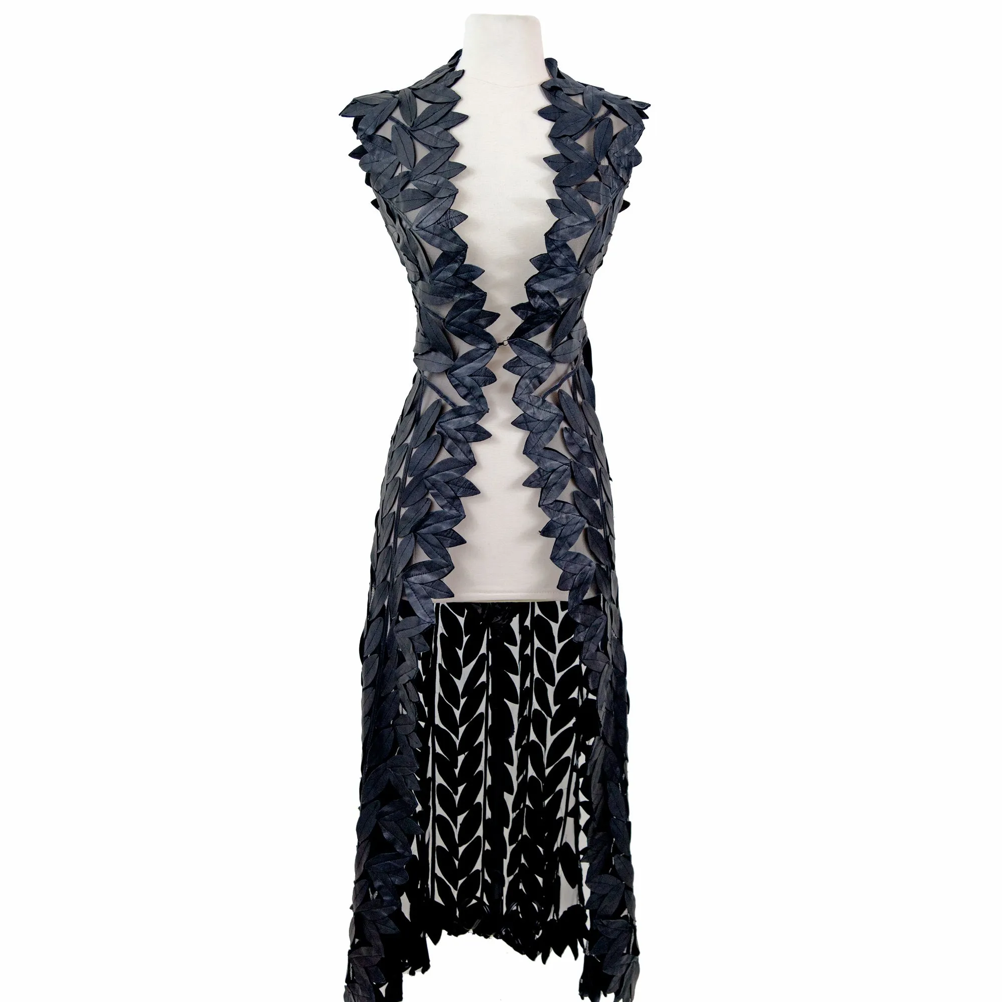 Maxi Long Sleeveless Leaf Pattern Leather Vest