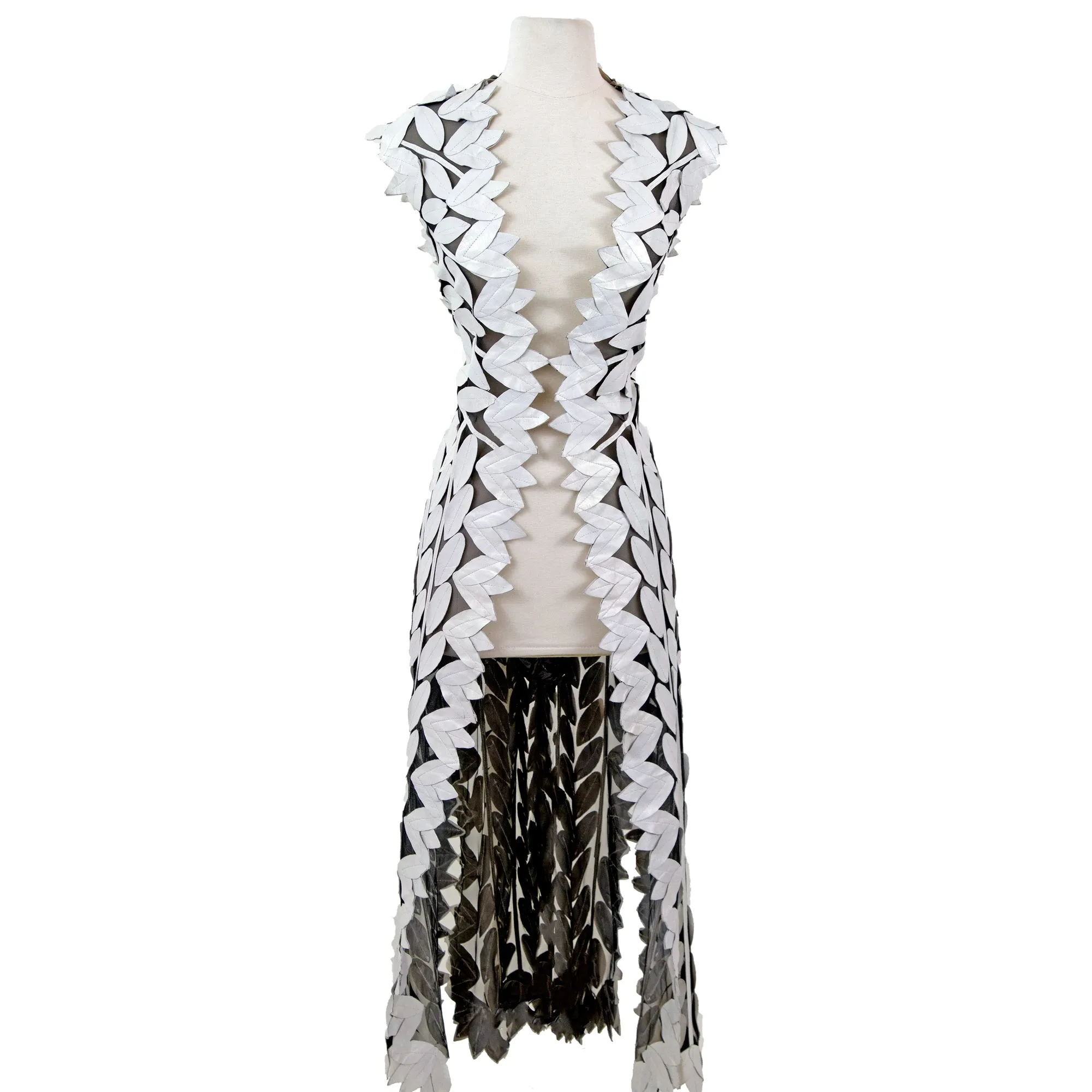Maxi Long Sleeveless Leaf Pattern Leather Vest