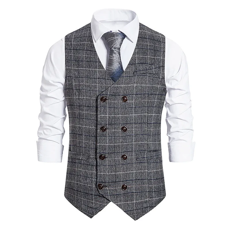 Men's Plaid Double-breasted Waistcoat Suit Retro Vest
