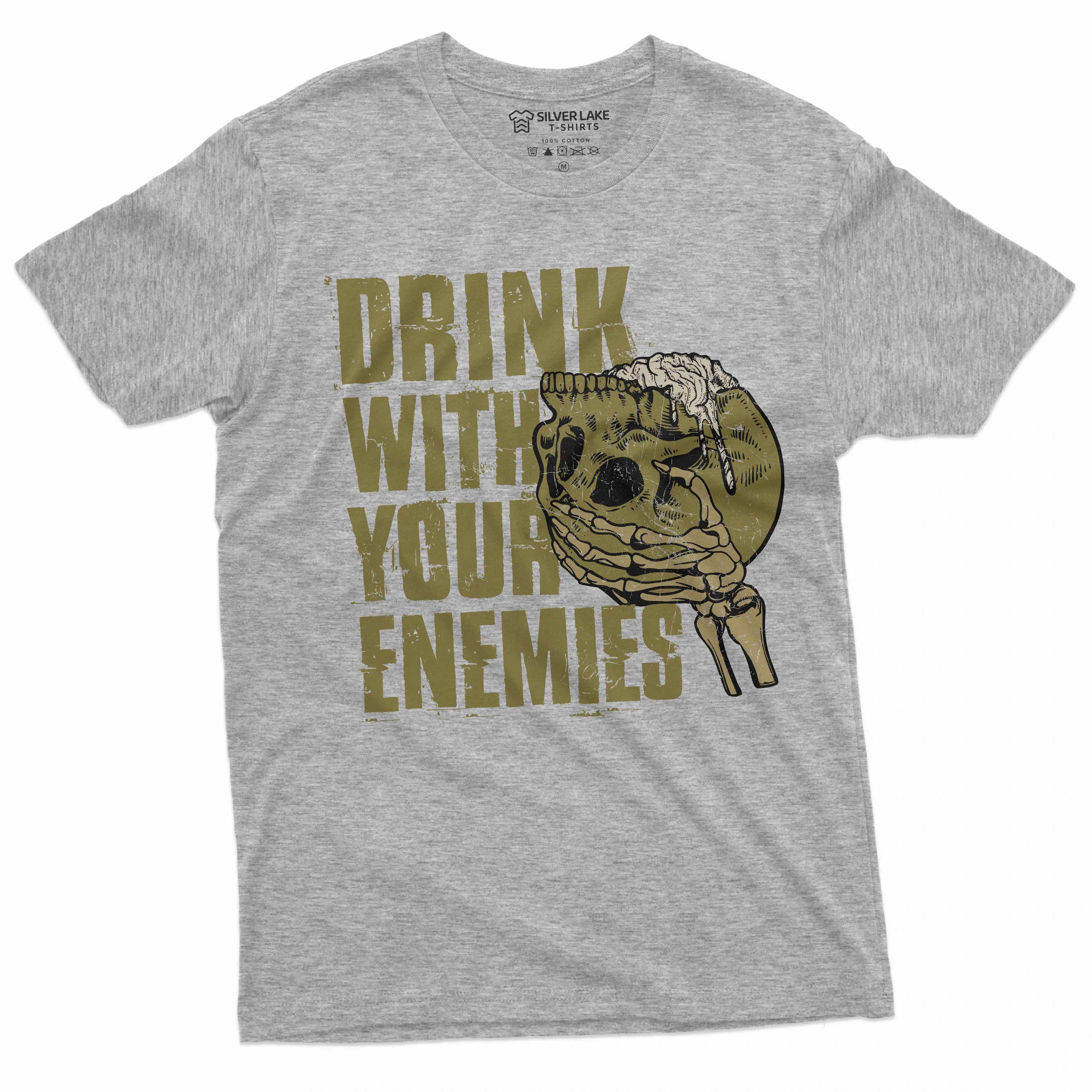 Men's Skull Warrior Funny T-shirt Drink with your Enemies Birthday Gift Skulls Tee Shirt