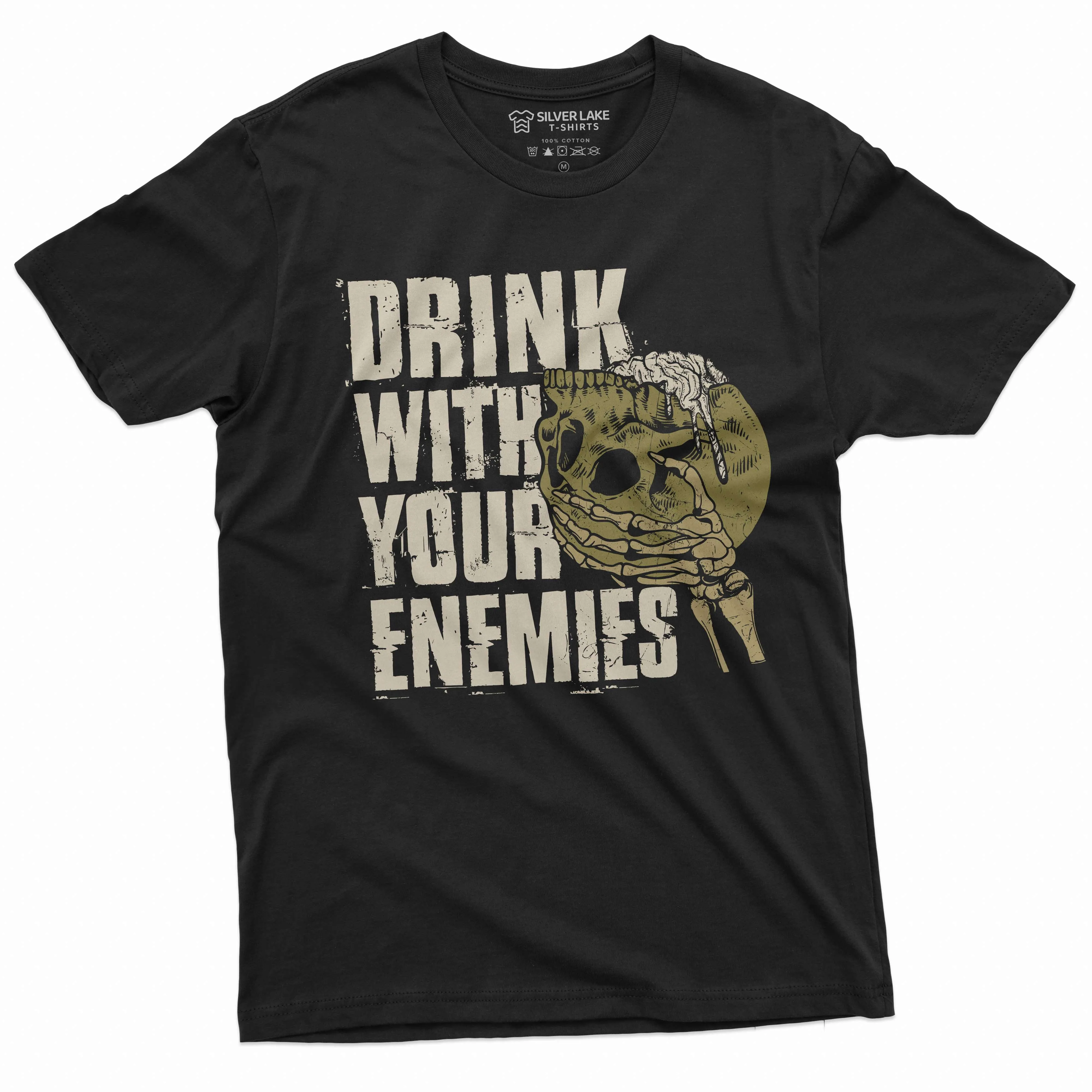 Men's Skull Warrior Funny T-shirt Drink with your Enemies Birthday Gift Skulls Tee Shirt