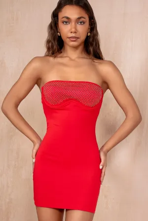 Mila Red Diamante Bandeau Dress