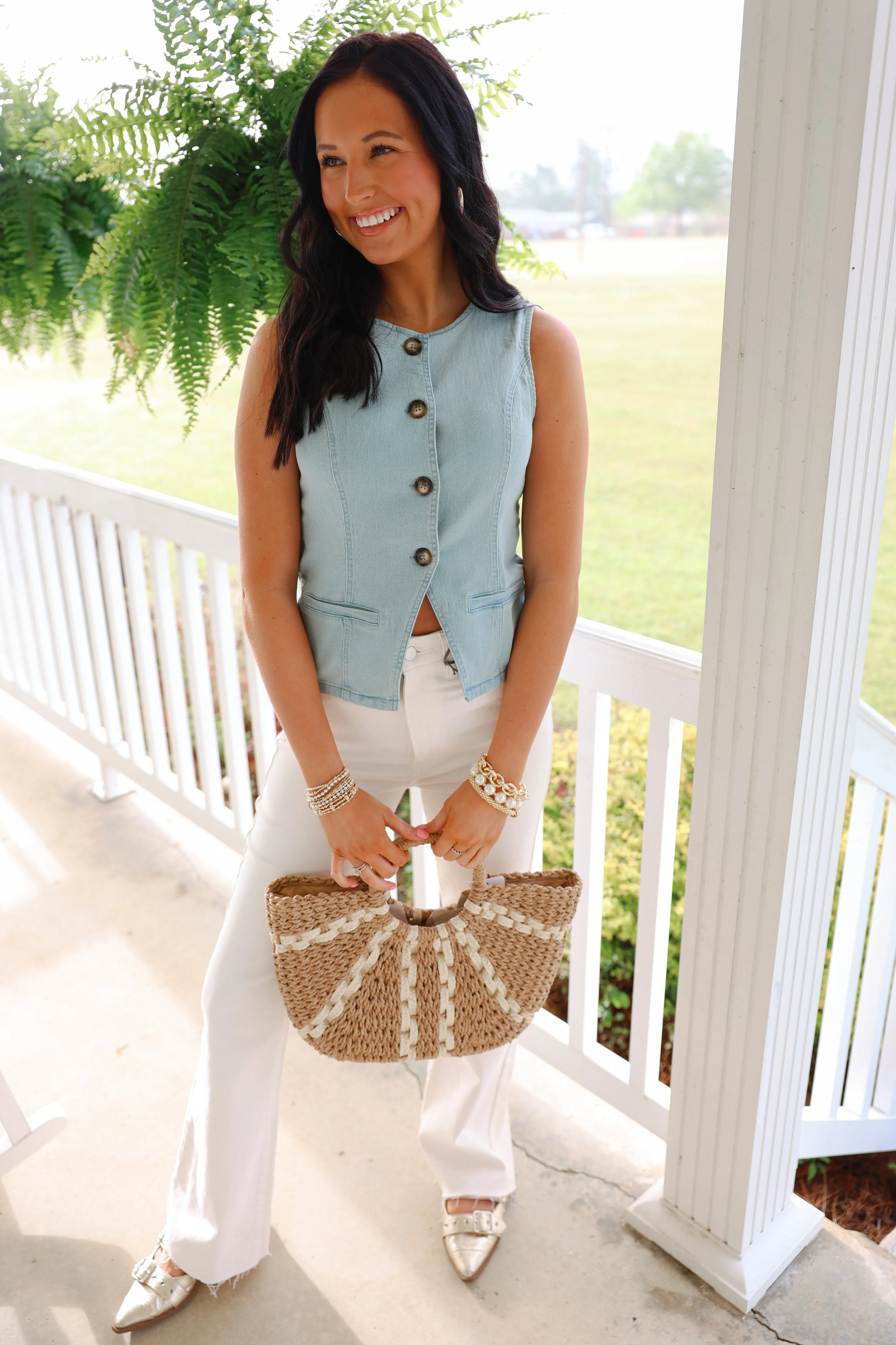 Mineral Washed Button Down Sleeveless Vest Top