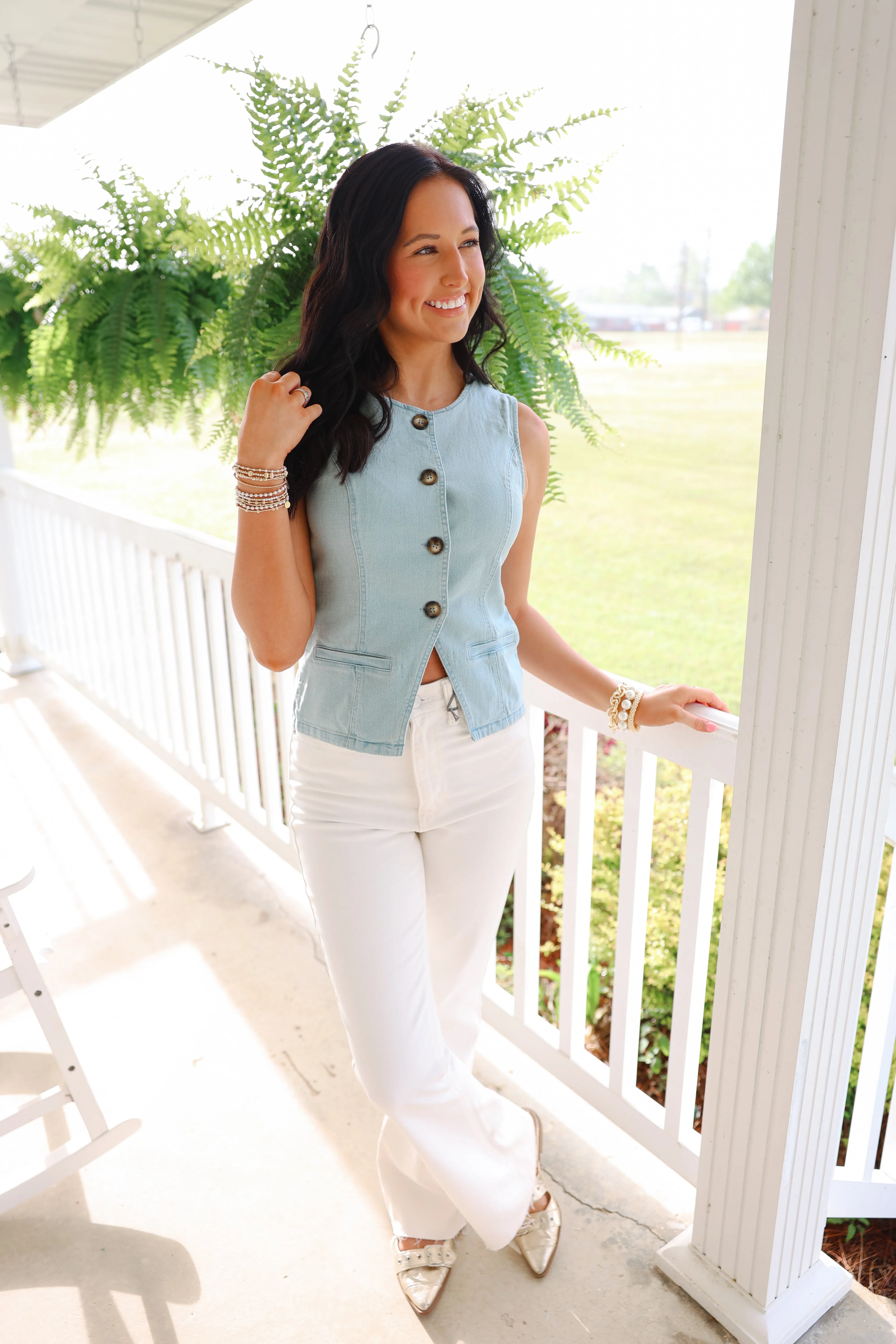 Mineral Washed Button Down Sleeveless Vest Top