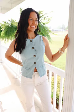 Mineral Washed Button Down Sleeveless Vest Top