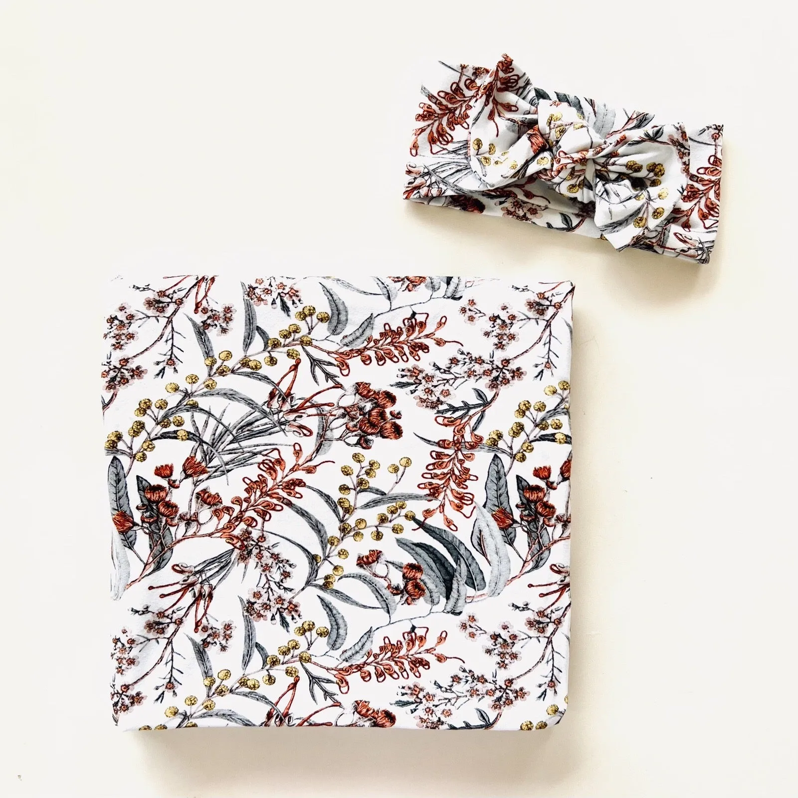 Mini & Me - Baby Wrap Set - Native Garden - Swaddle & Topknot