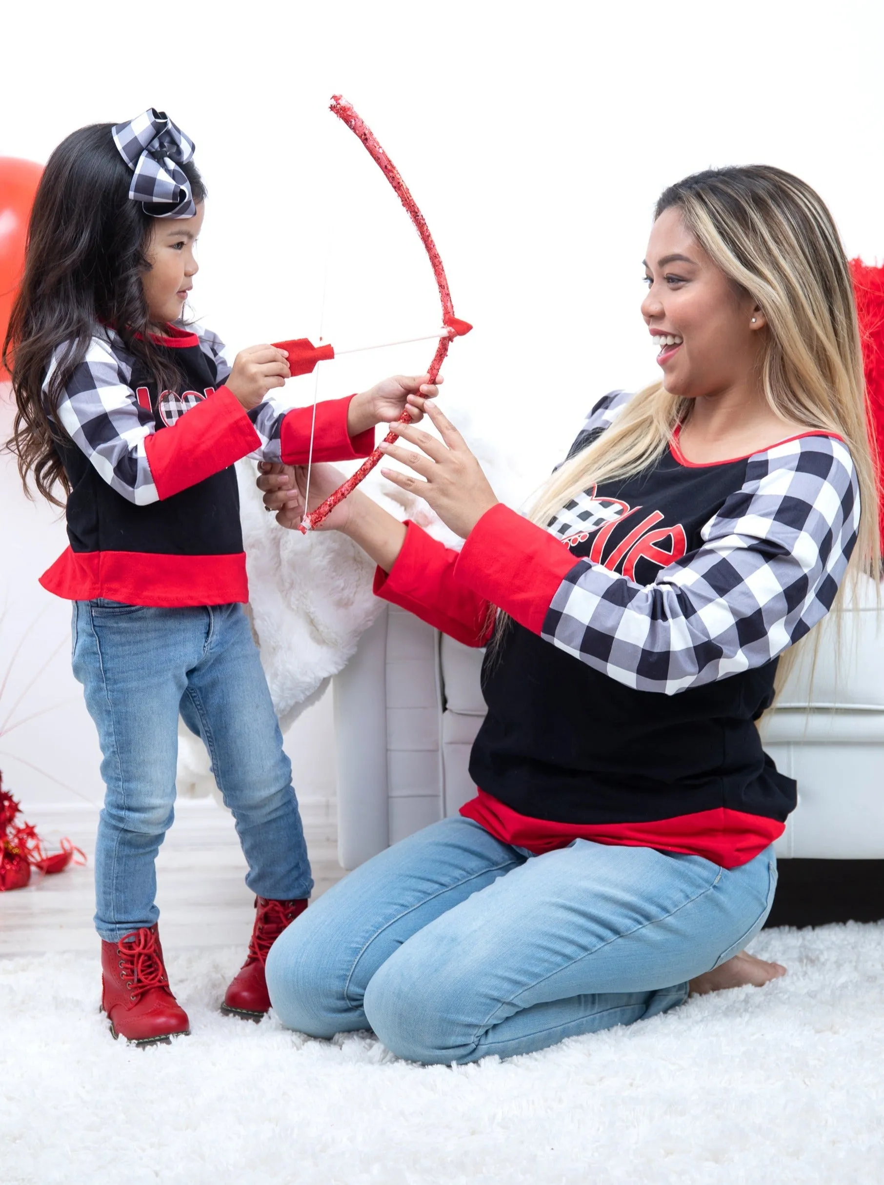 Mommy and Me Cupid's Love Plaid Raglan Tunic