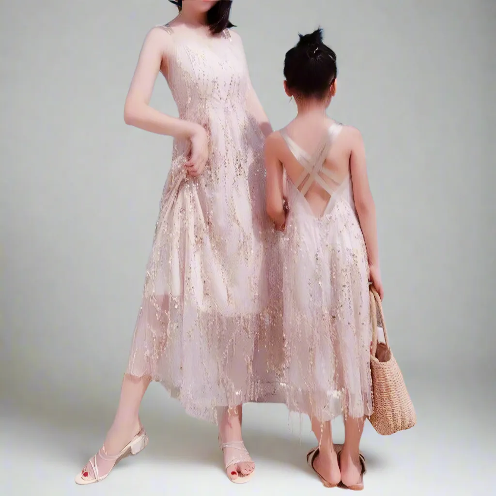 Mommy and Me Matching Sequin Lace Tulle Dresses with Crisscross Straps