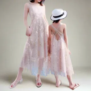 Mommy and Me Matching Sequin Lace Tulle Dresses with Crisscross Straps