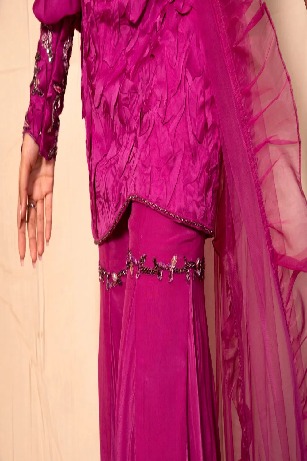 Mulberry Pink Knee Length textured tunic with Sharara and ruffle dupatta
