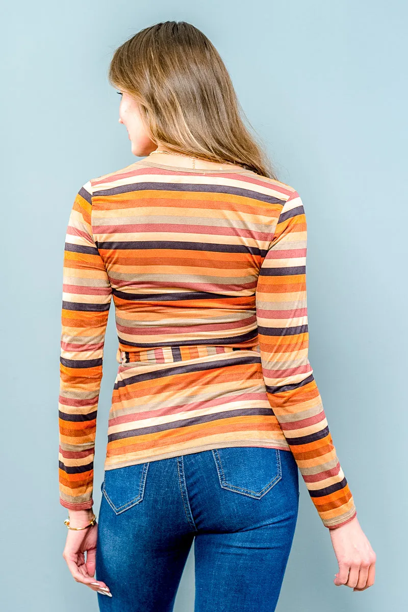 Multi Long Sleeve Vneck Striped Top W-Belt (ET1557)