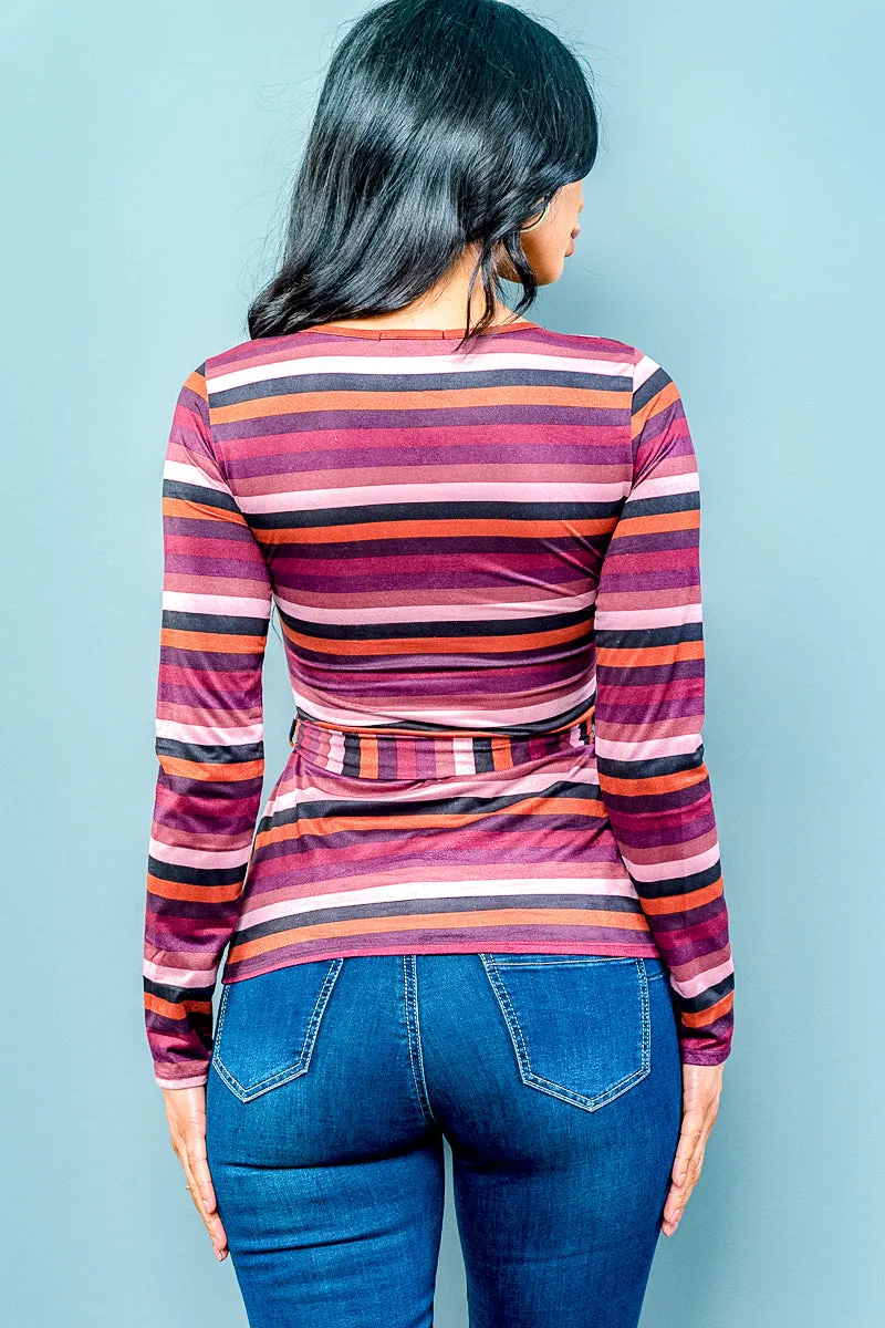 Multi Long Sleeve Vneck Striped Top W-Belt (ET1557)