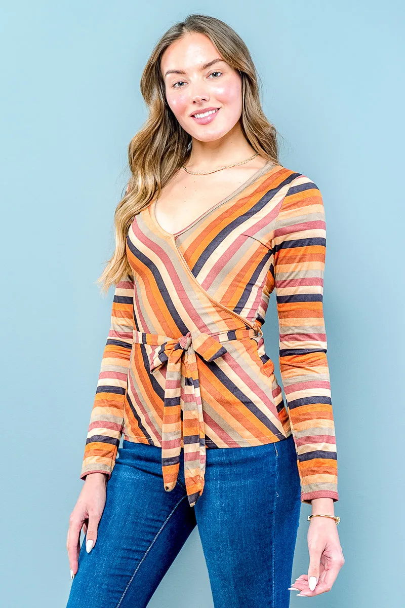 Multi Long Sleeve Vneck Striped Top W-Belt (ET1557)