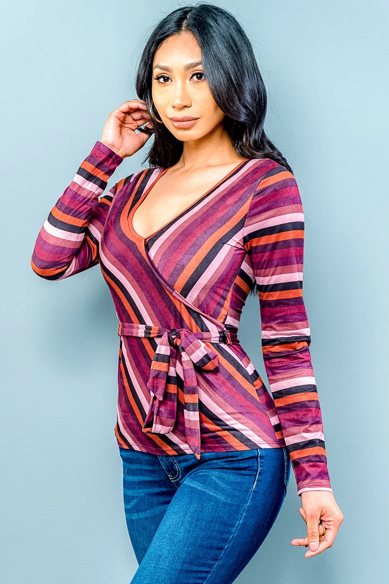 Multi Long Sleeve Vneck Striped Top W-Belt (ET1557)