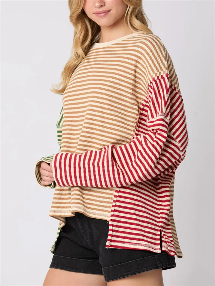 Multicolor Stripes Irregular Long Sleeve T-shirts for Women