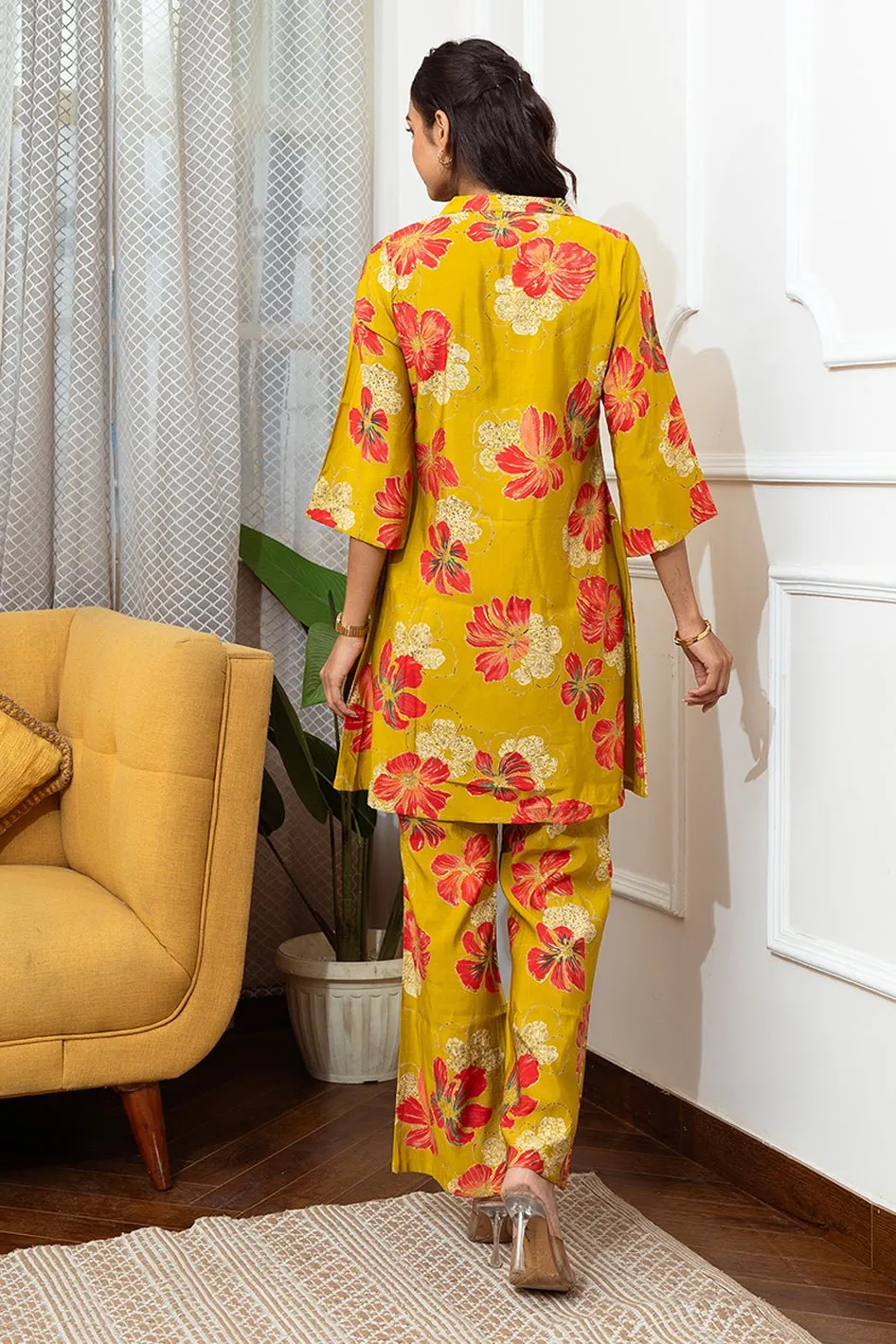 Mustard Color Floral Printed Chanderi Premium Co-ord Set