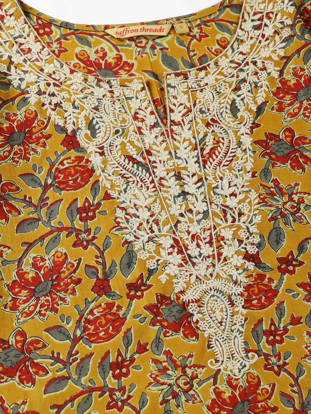 Mustard Floral Cotton Tunic with Embroidered Yoke