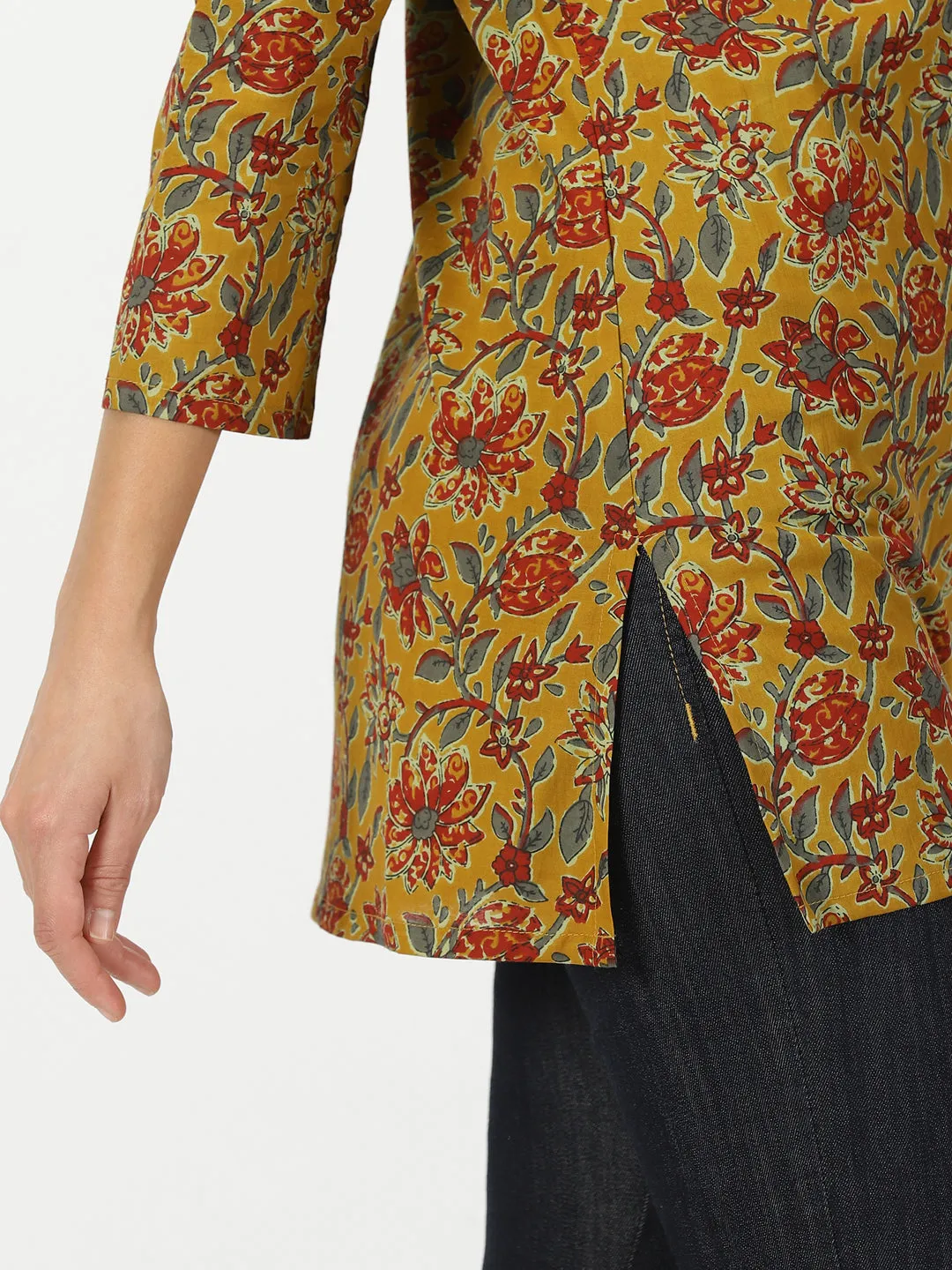 Mustard Floral Cotton Tunic with Embroidered Yoke