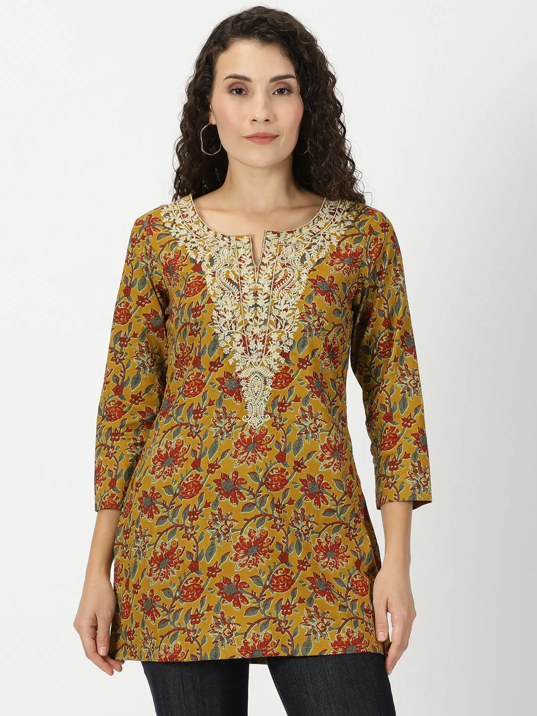 Mustard Floral Cotton Tunic with Embroidered Yoke