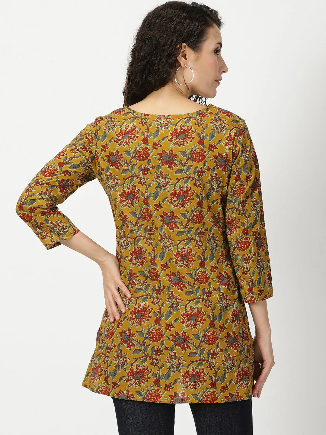 Mustard Floral Cotton Tunic with Embroidered Yoke