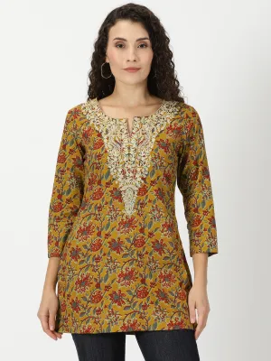 Mustard Floral Cotton Tunic with Embroidered Yoke