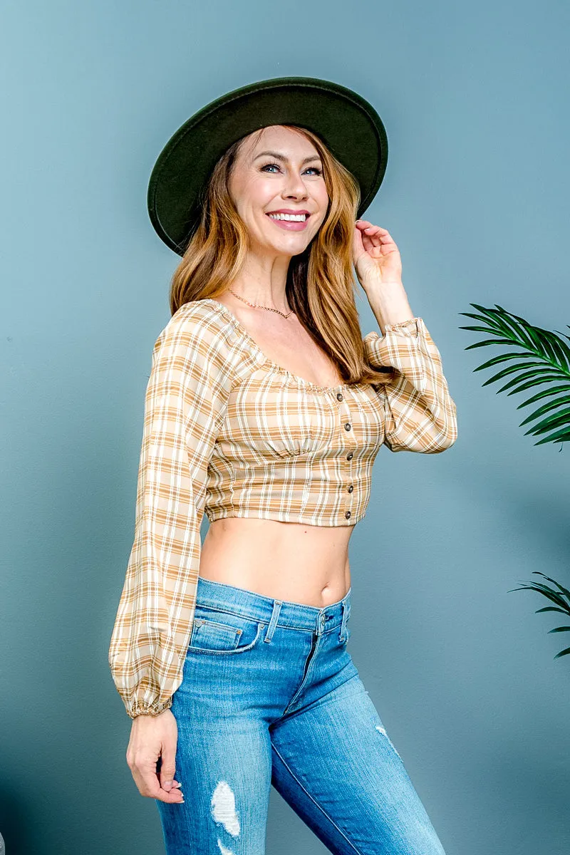 'My Fair Lady' Plaid Off Shoulder Long Sleeve Crop Top with Faux Button Front Decor (10051TY)
