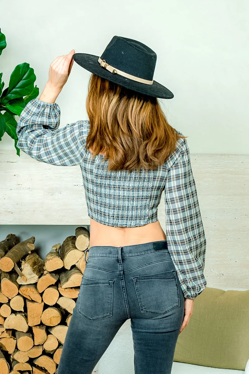 'My Fair Lady' Plaid Off Shoulder Long Sleeve Crop Top with Faux Button Front Decor (10051TY)