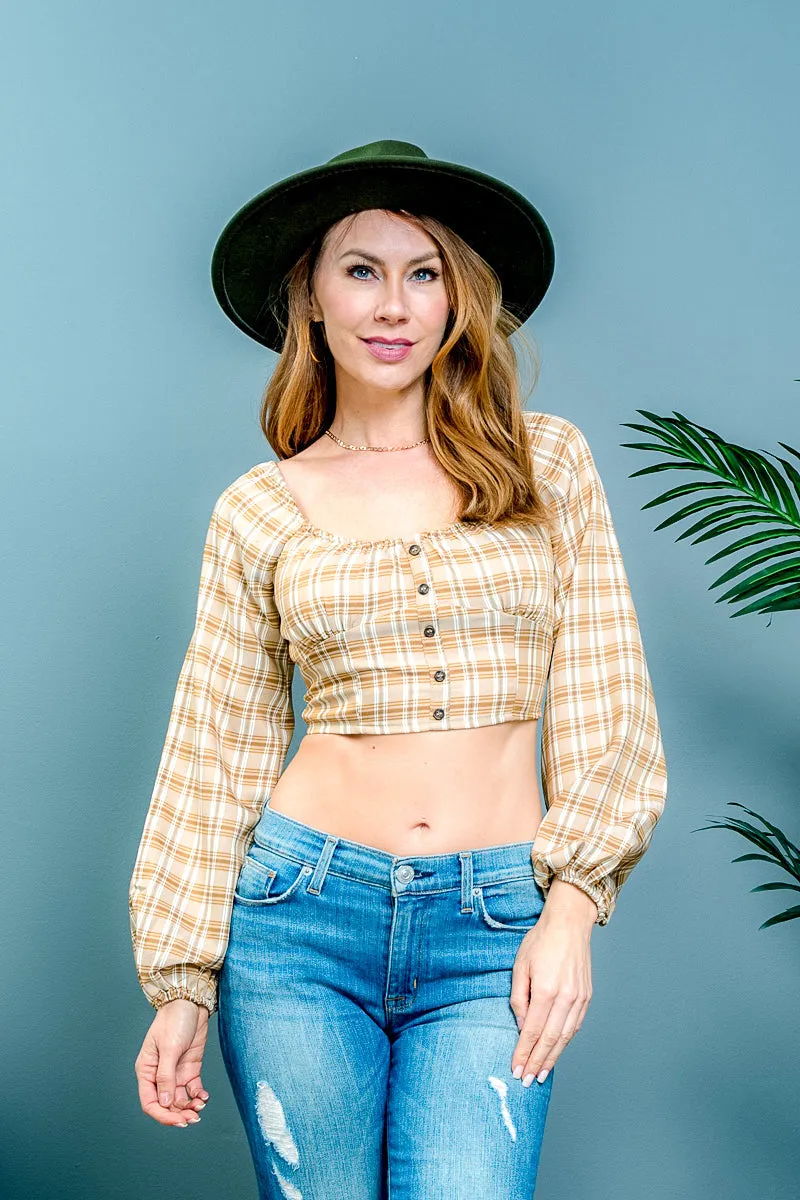 'My Fair Lady' Plaid Off Shoulder Long Sleeve Crop Top with Faux Button Front Decor (10051TY)