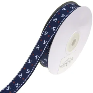 Nautical Anchor and Star Grosgrain Ribbon, 5/8-Inch, 25-Yard
