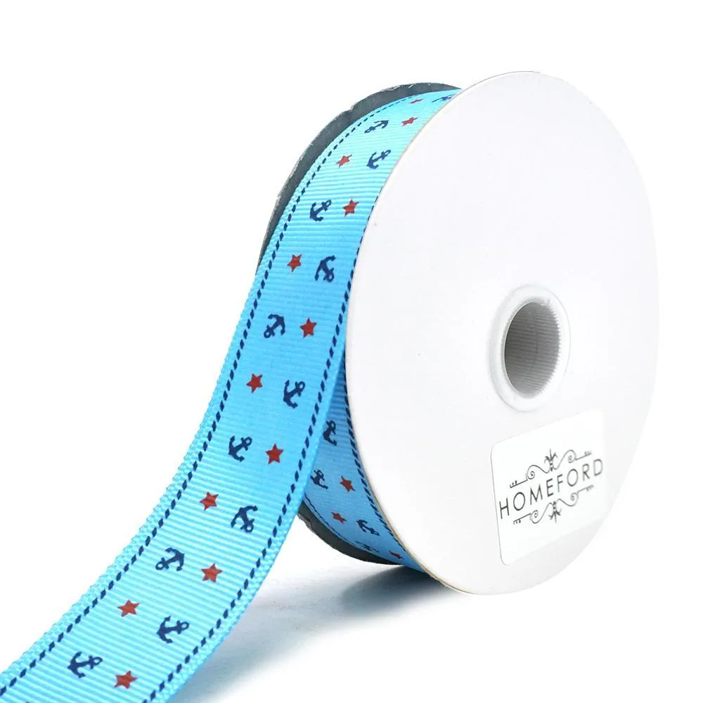 Nautical Anchor and Star Grosgrain Ribbon, 7/8-Inch, 25-Yard