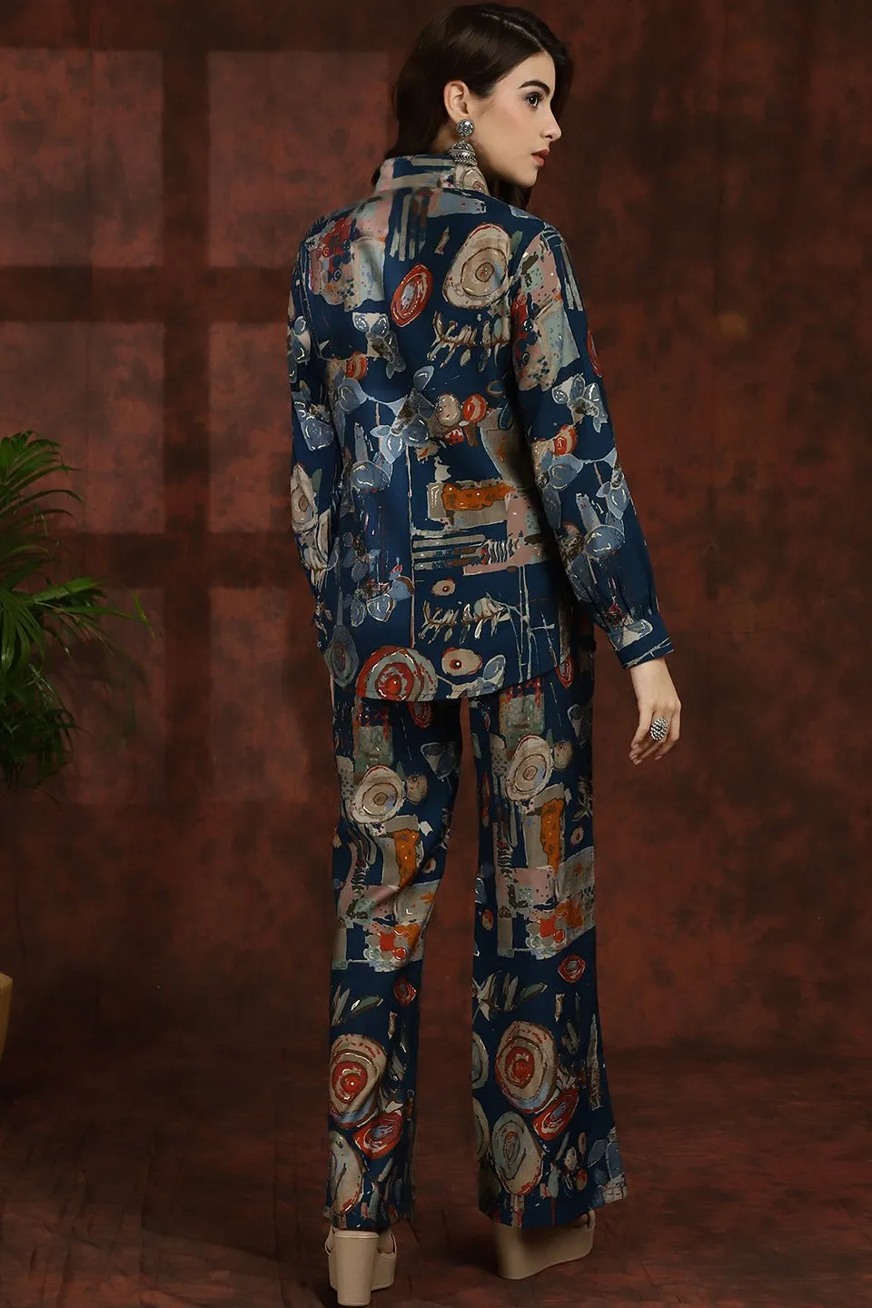 Navy Blue Abstract Chanderi Silk Shirt Collar Tunic With Trousers Co-ord Set