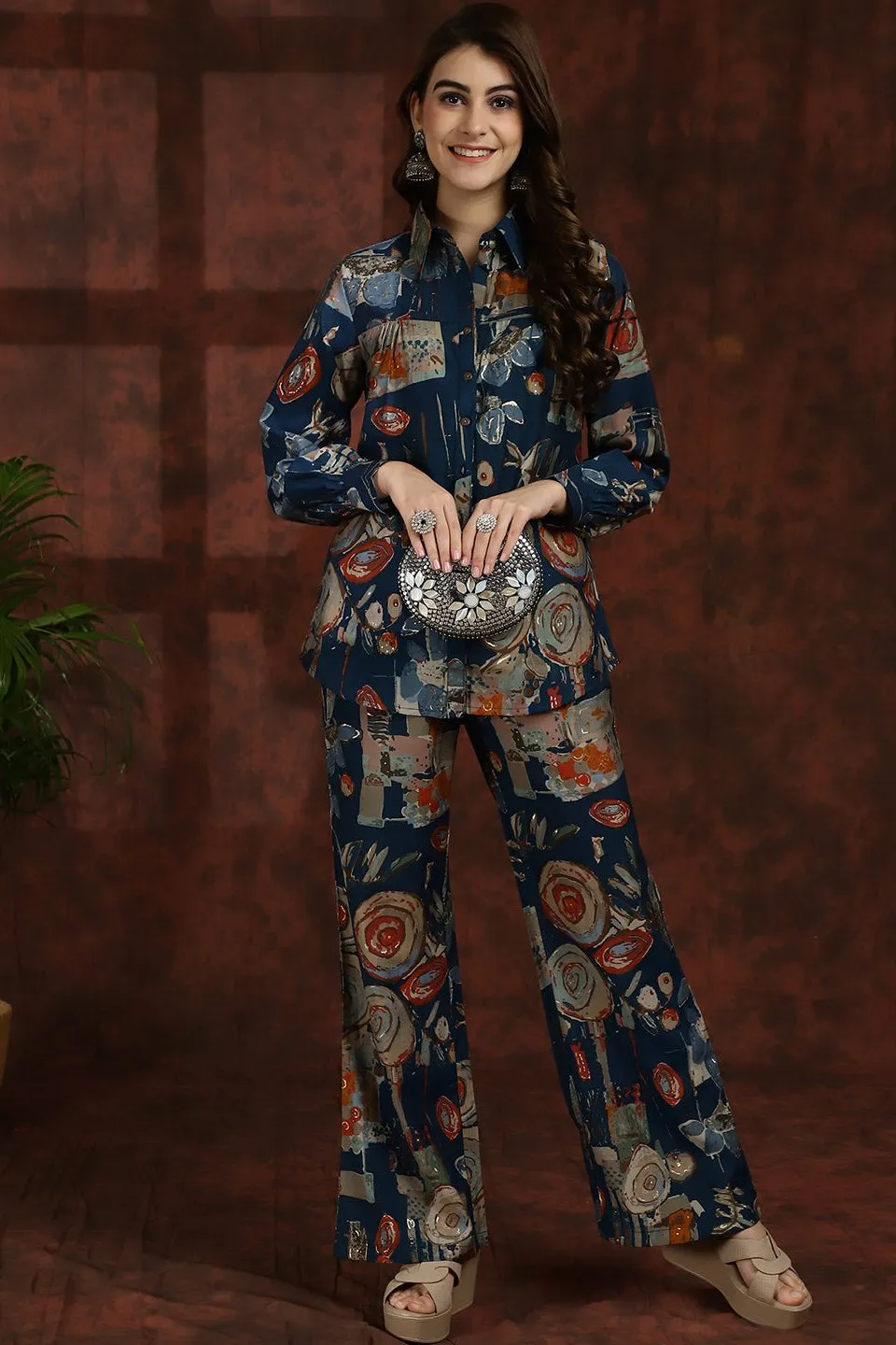 Navy Blue Abstract Chanderi Silk Shirt Collar Tunic With Trousers Co-ord Set