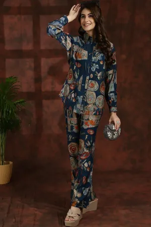 Navy Blue Abstract Chanderi Silk Shirt Collar Tunic With Trousers Co-ord Set