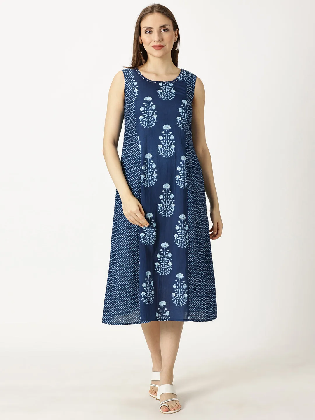 Navy Blue Ethnic Motifs Panelled Printed Cotton Dress