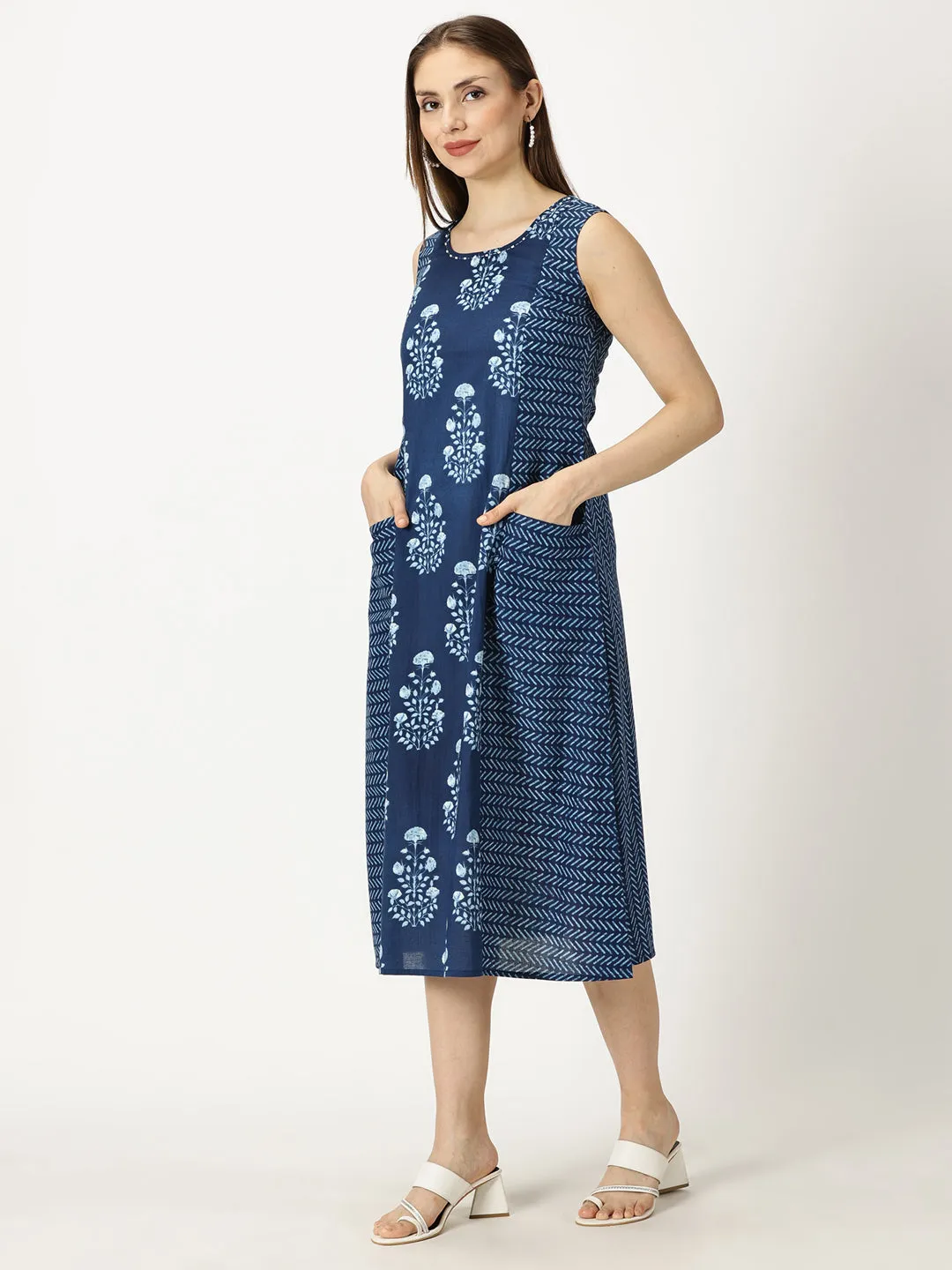 Navy Blue Ethnic Motifs Panelled Printed Cotton Dress