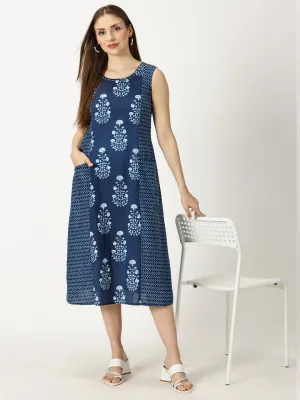 Navy Blue Ethnic Motifs Panelled Printed Cotton Dress