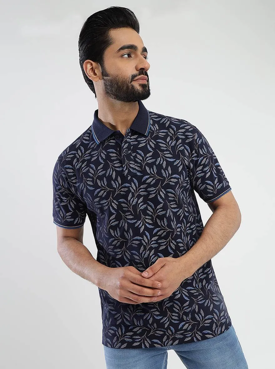 Navy Blue Printed Slim Fit Polo T-Shirt | Greenfibre