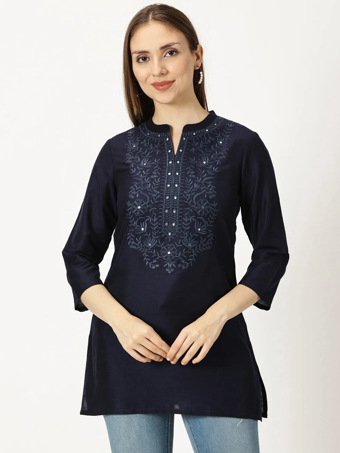 Navy Blue Raw Art Silk Embroidered Neck Tunic with Mirror Accents