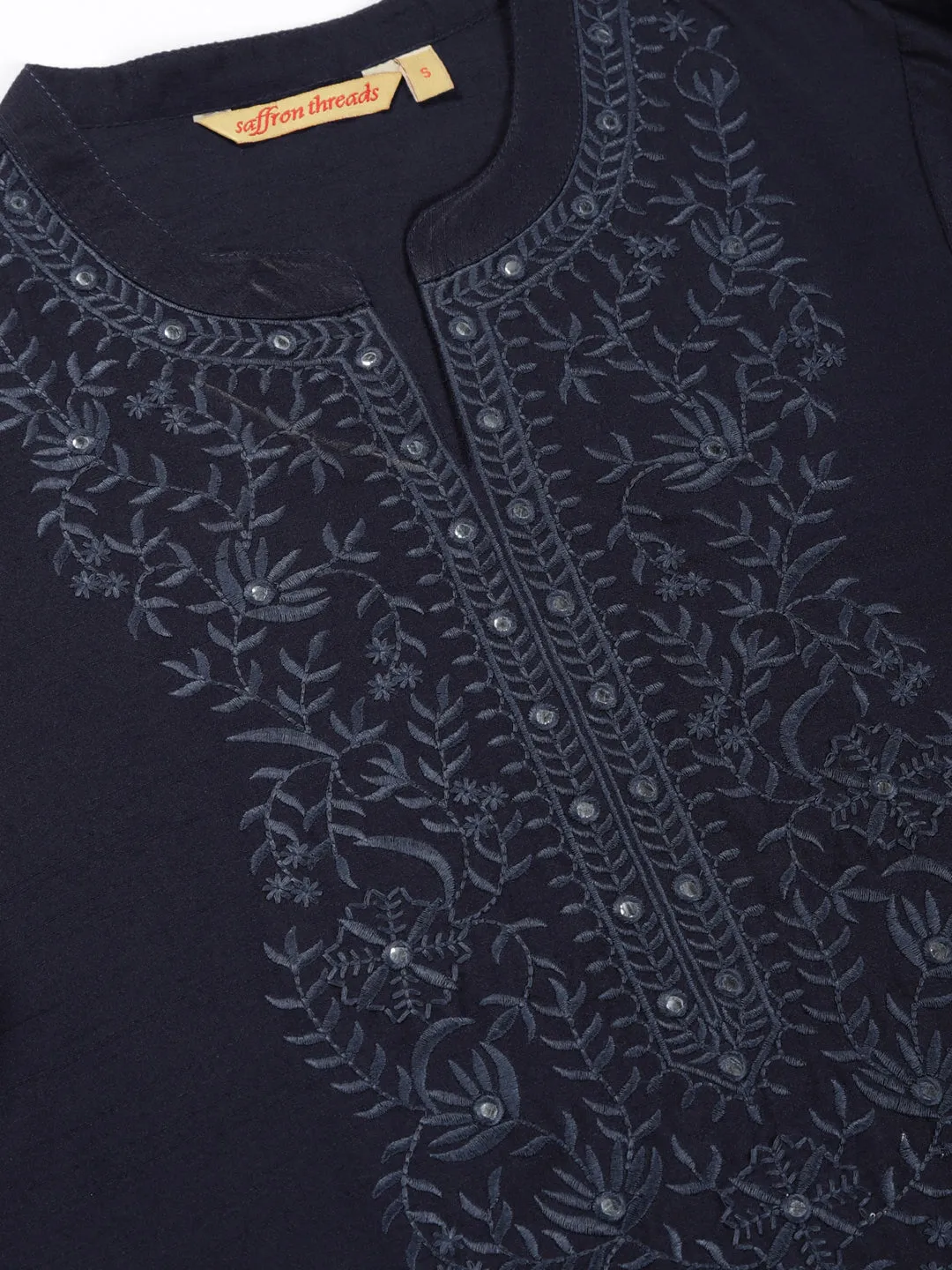 Navy Blue Raw Art Silk Embroidered Neck Tunic with Mirror Accents