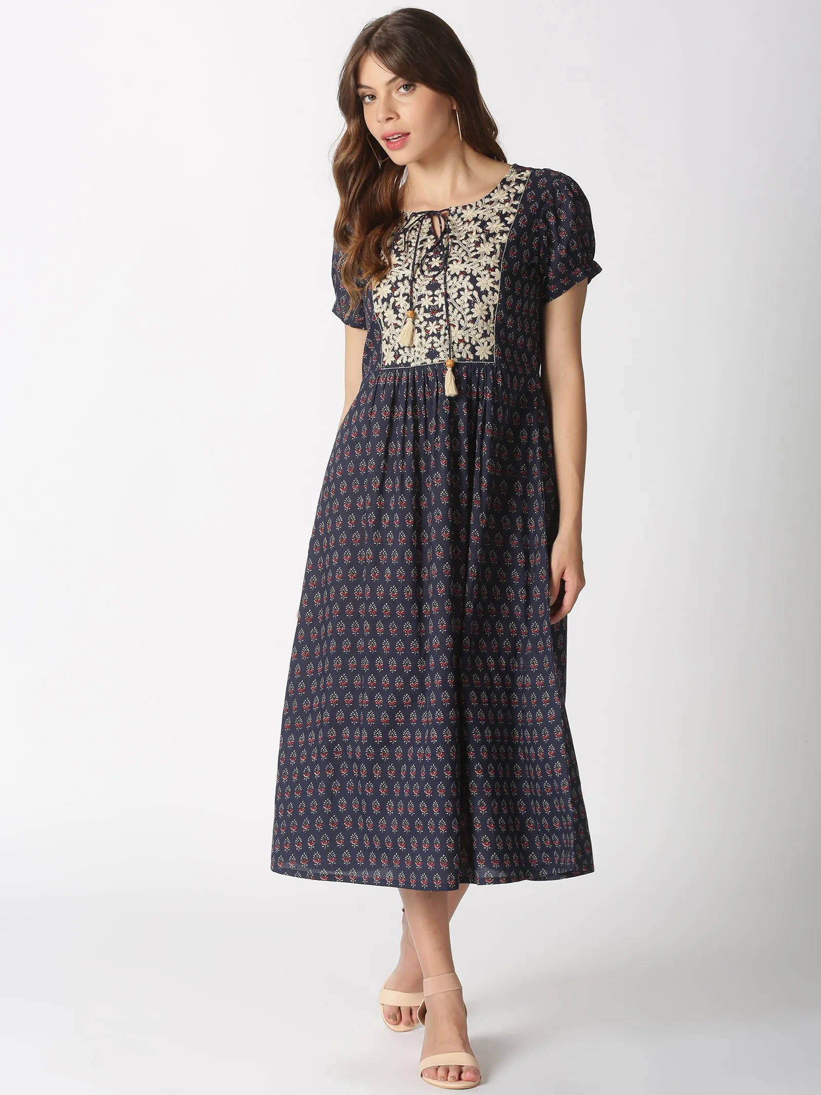 Navy Ethnic Motifs Printed Dress with Floral Embroidered Yoke