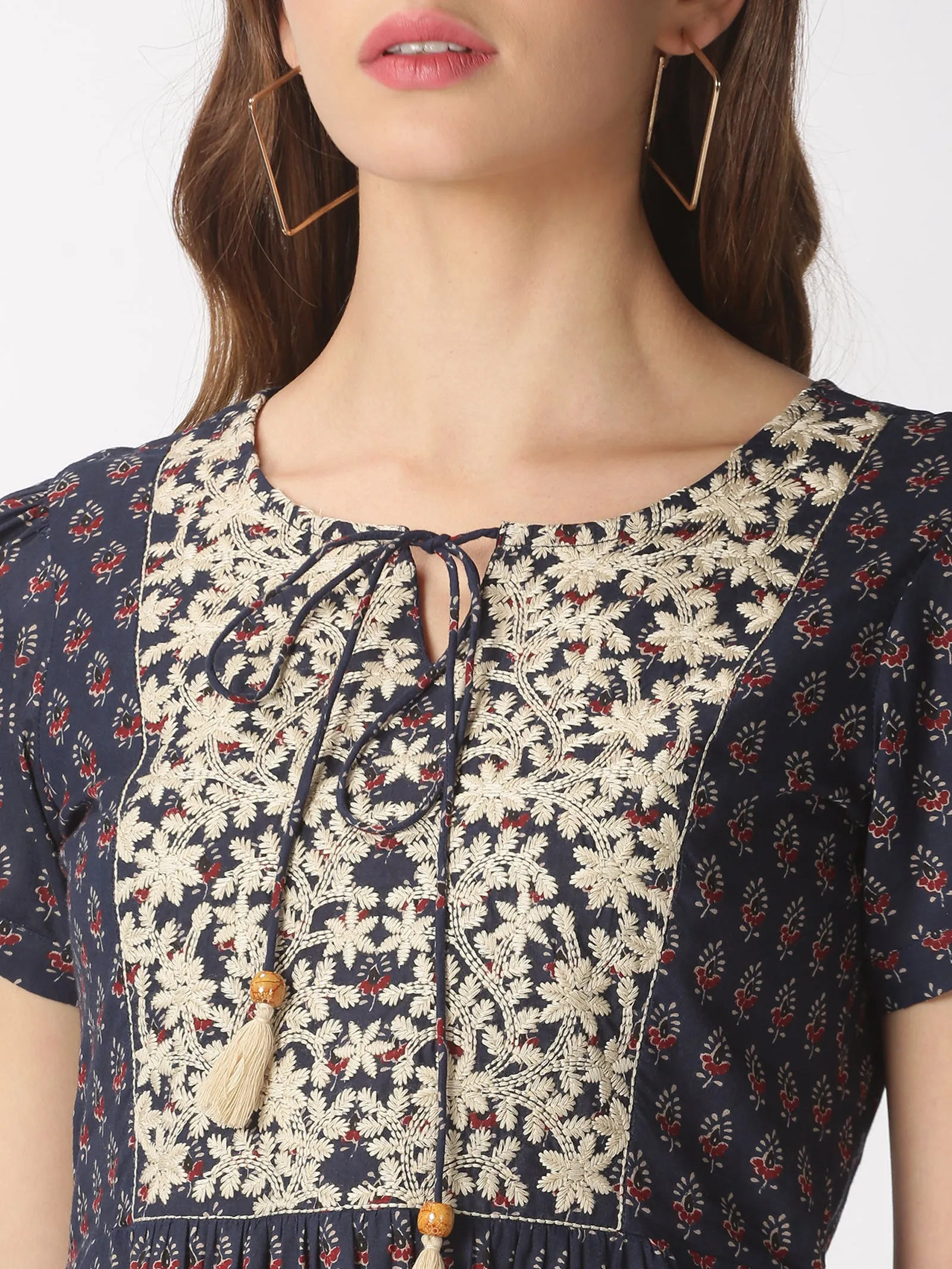 Navy Ethnic Motifs Printed Dress with Floral Embroidered Yoke