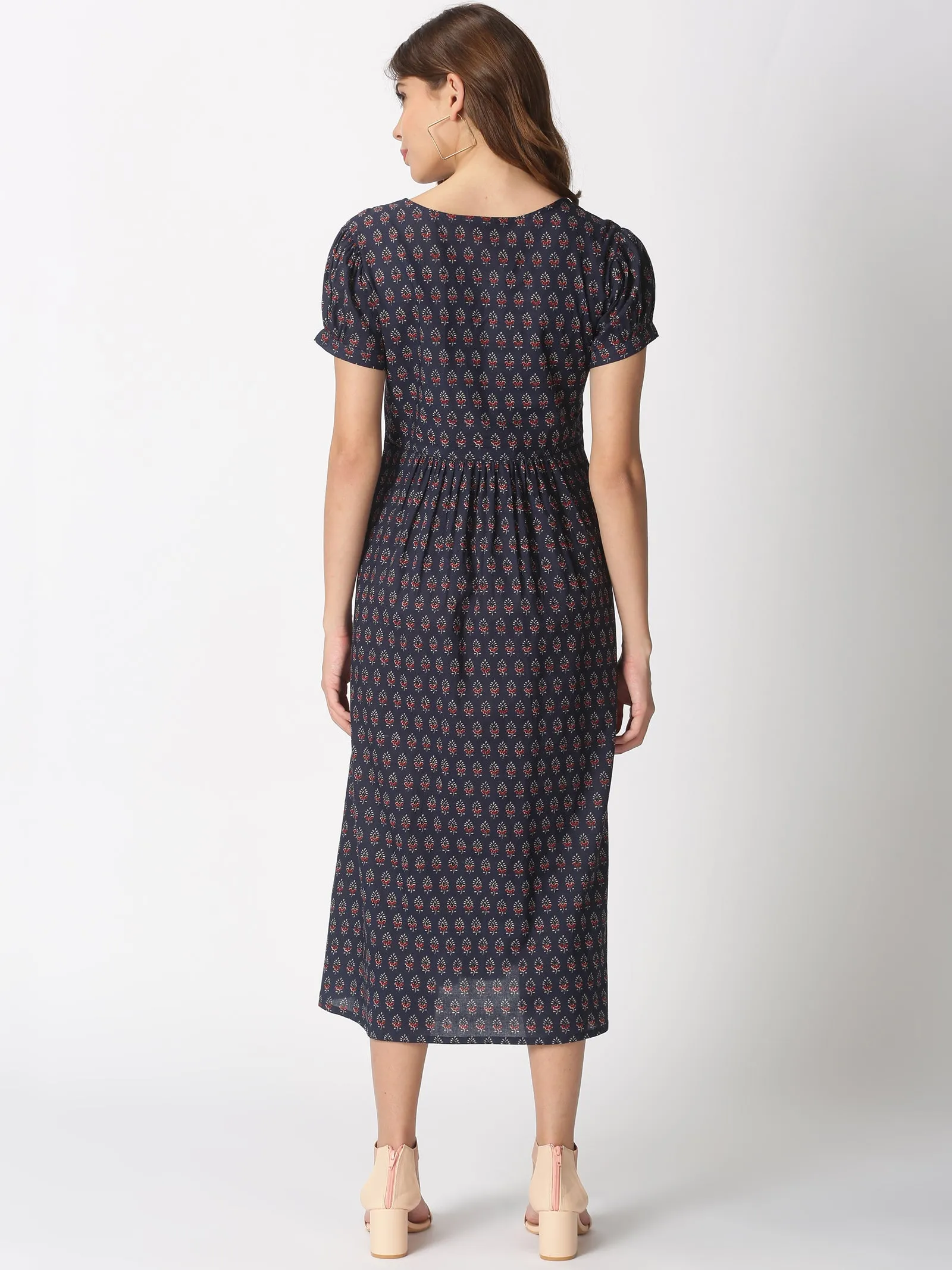 Navy Ethnic Motifs Printed Dress with Floral Embroidered Yoke
