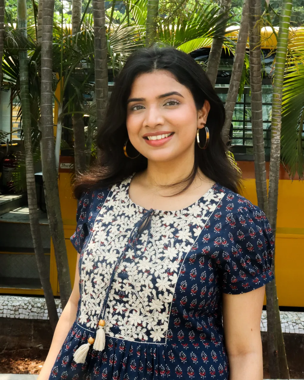 Navy Ethnic Motifs Printed Dress with Floral Embroidered Yoke