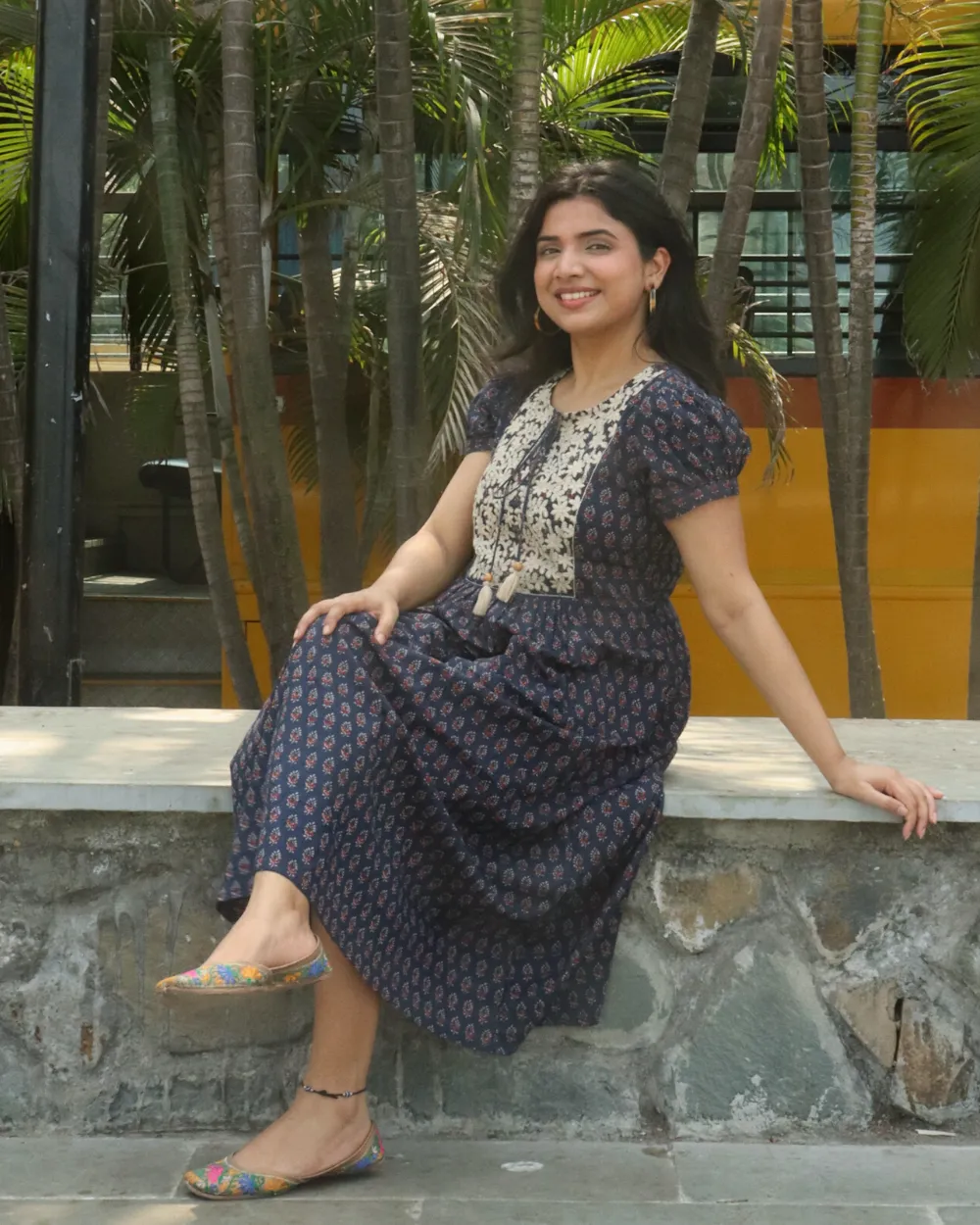 Navy Ethnic Motifs Printed Dress with Floral Embroidered Yoke