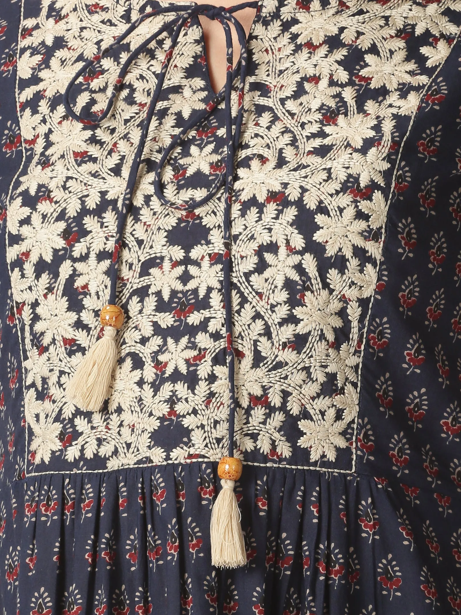 Navy Ethnic Motifs Printed Dress with Floral Embroidered Yoke